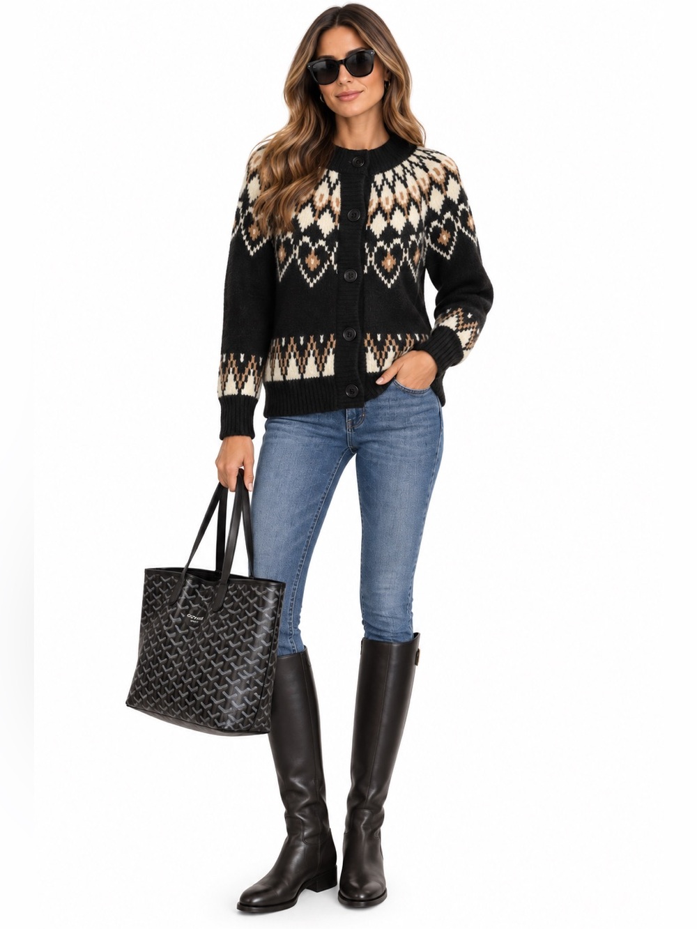 Truth by Republic Fair Isle Nordic Button Cardigan Sweater Black Size S